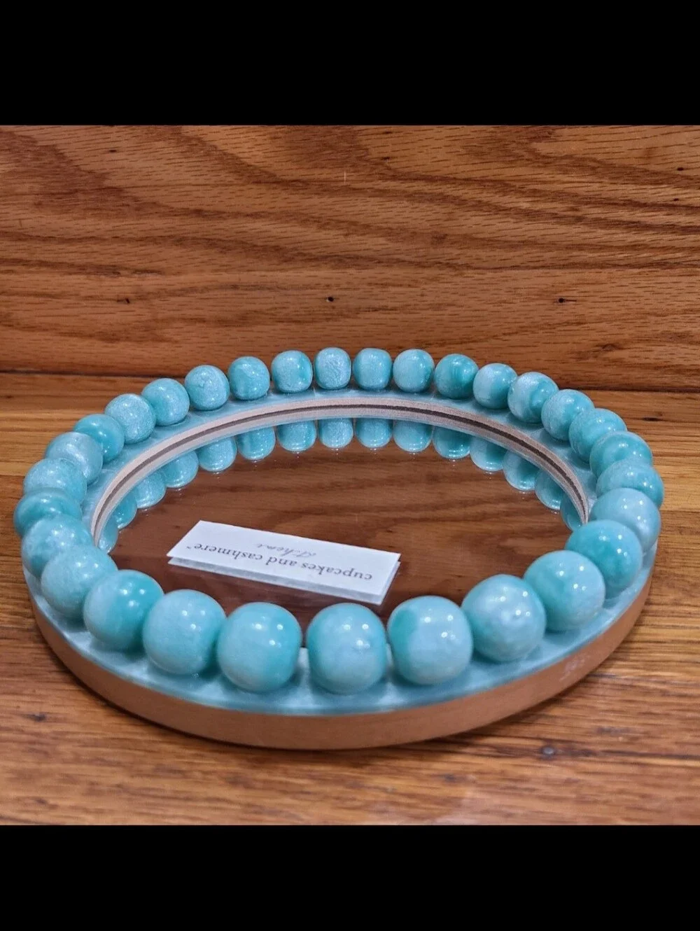 Round Turquoise Tiffany blue aqua beaded tabletop desktop vanity standing mirror